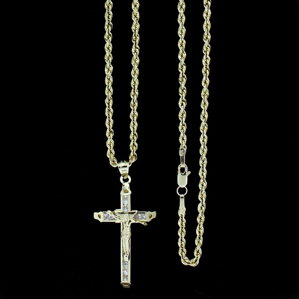 Real 10K Yellow Gold CZ Cross Pendant & 2mm Rope Chain Set - Picture 1 of 7